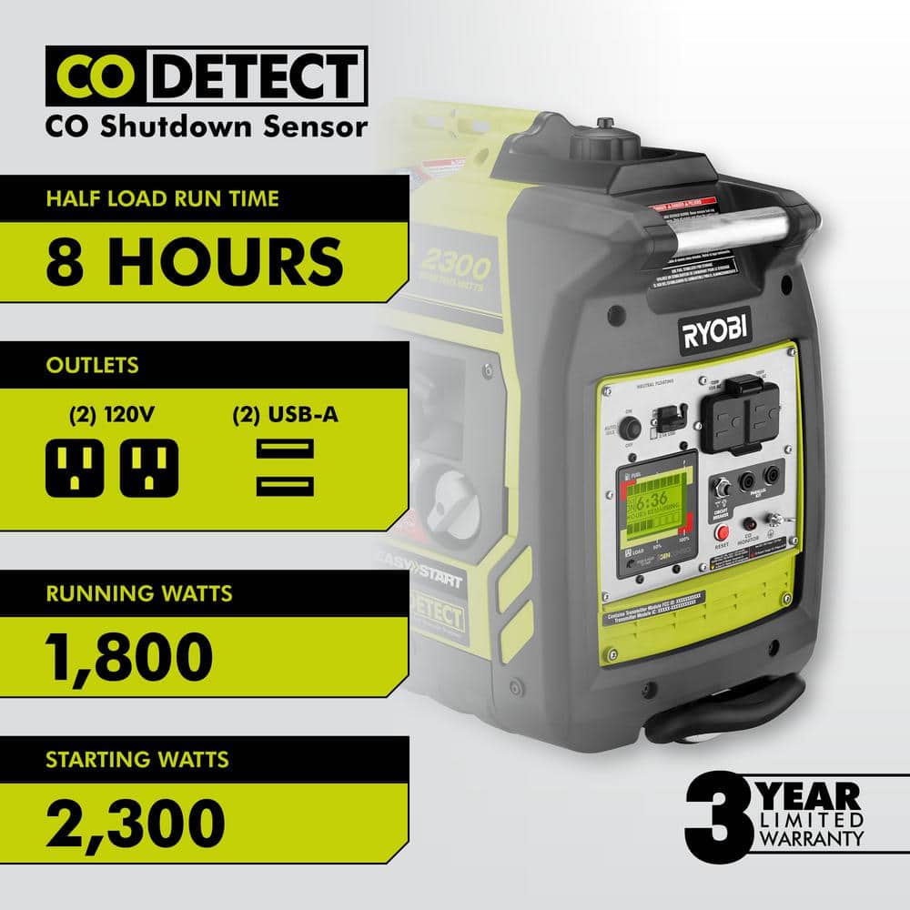 2,300-Watt Recoil Start Bluetooth Super Quiet Gasoline Powered Digital Inverter Generator with CO Shutdown Sensor RYi2322 - Levo Sportswear