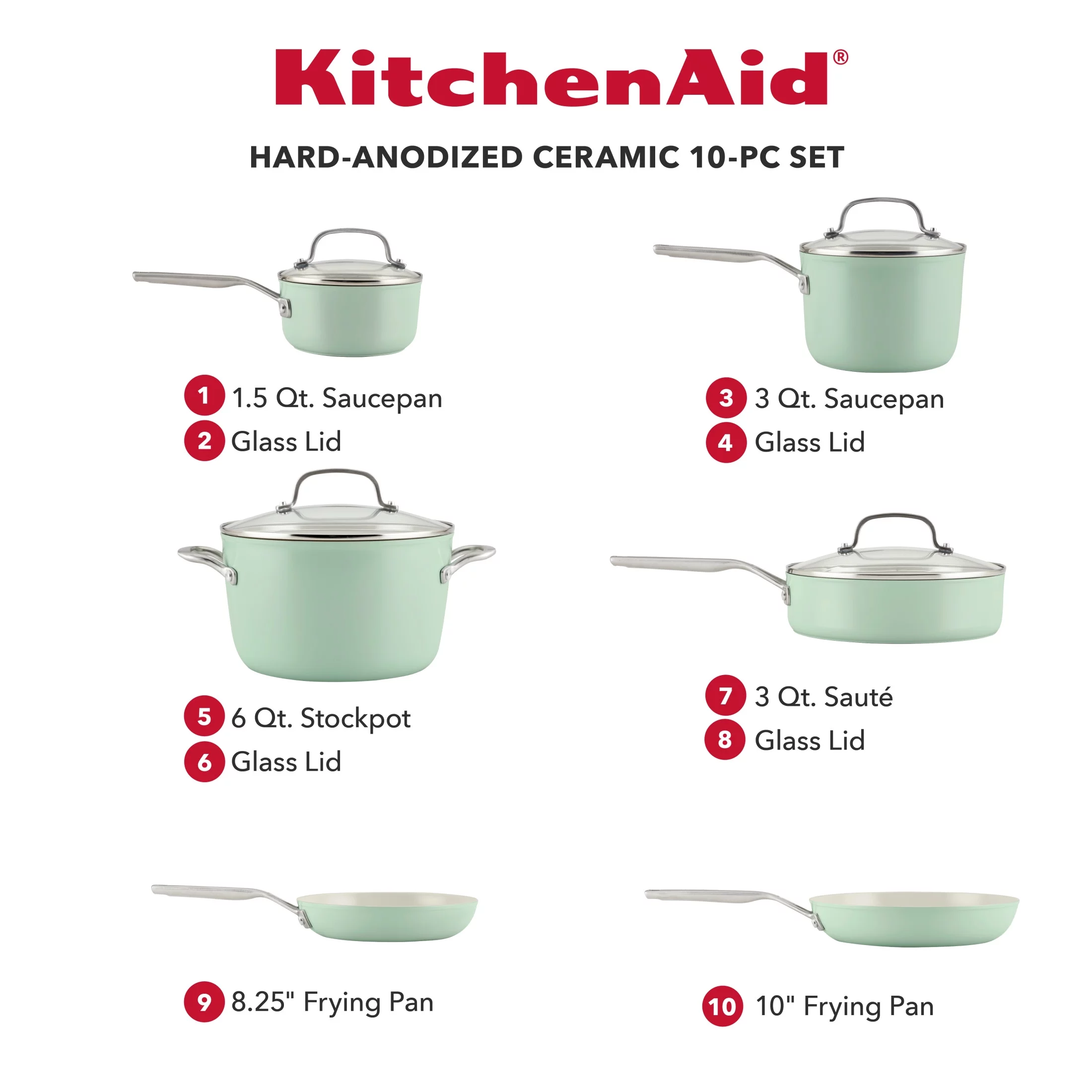 KitchenAid Hard Anodized Ceramic 10 Piece Nonstick Cookware Pots and Pans Set, Pistachio - Levo Sportswear