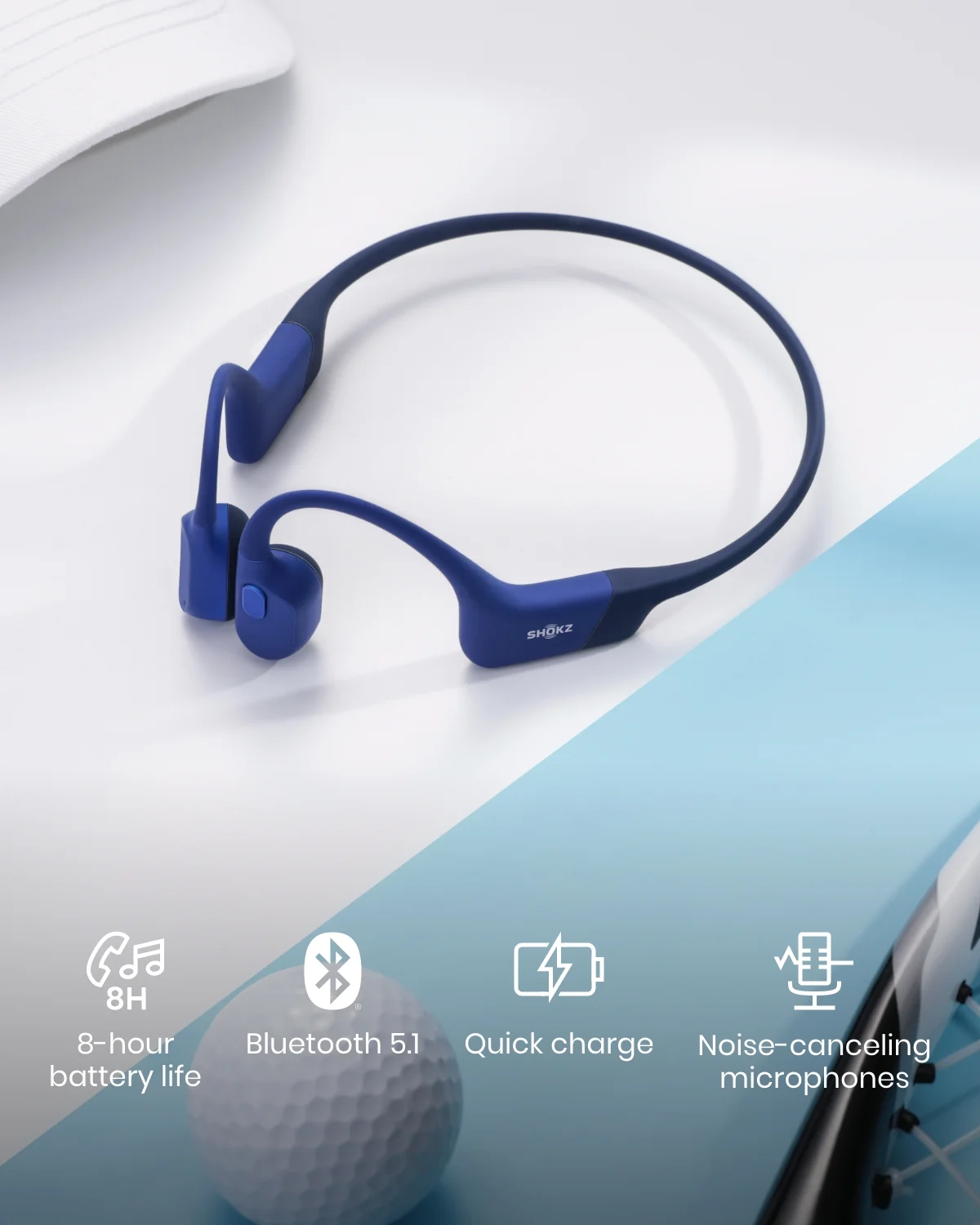 Shokz OpenRun Mini Bone Conduction Waterproof Bluetooth Headphones for Sports with Cooling Wristband (Blue, Mini) - Levo Sportswear