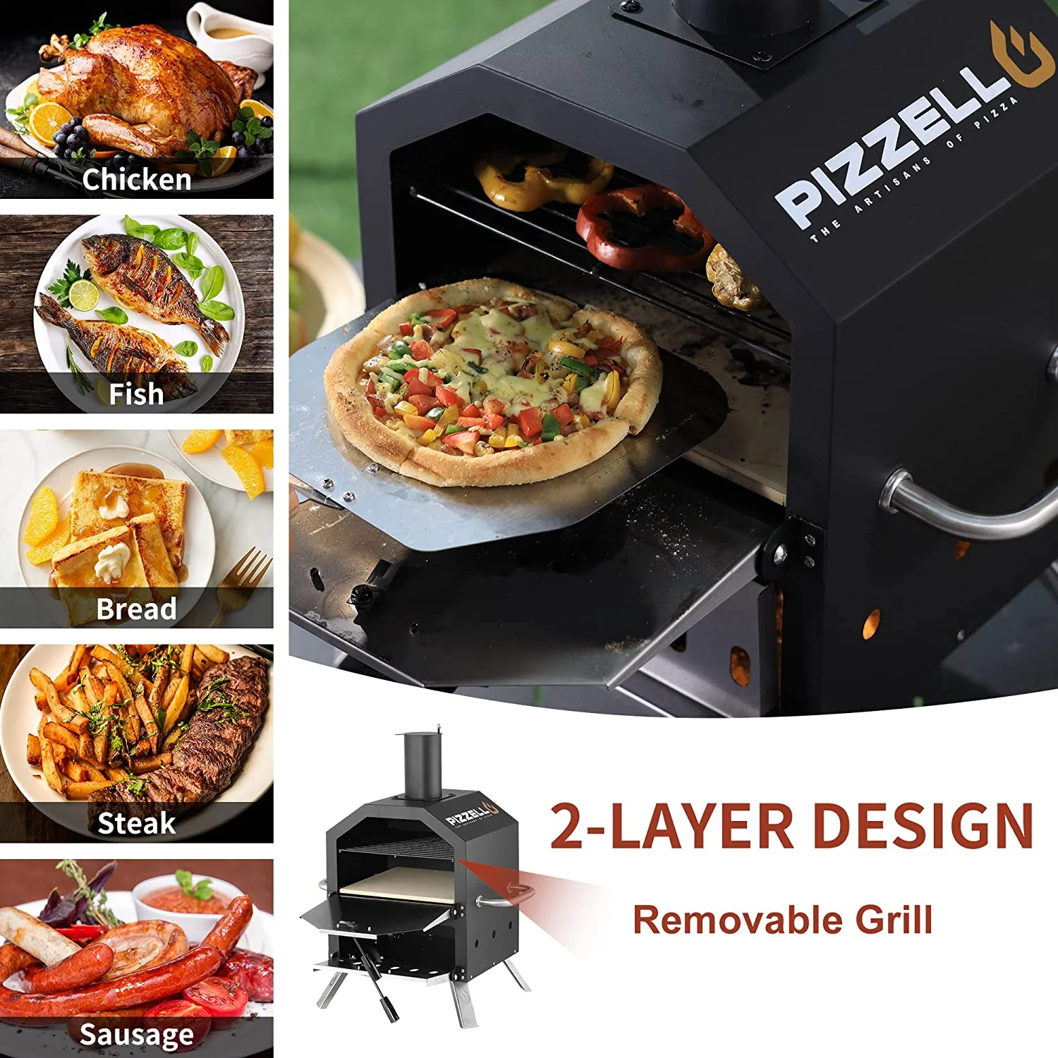 Outdoor Wood Fired Pizza Oven, 2-Tier Portable Pizza Maker with Stone, Peel, Cover - Black - Levo Sportswear