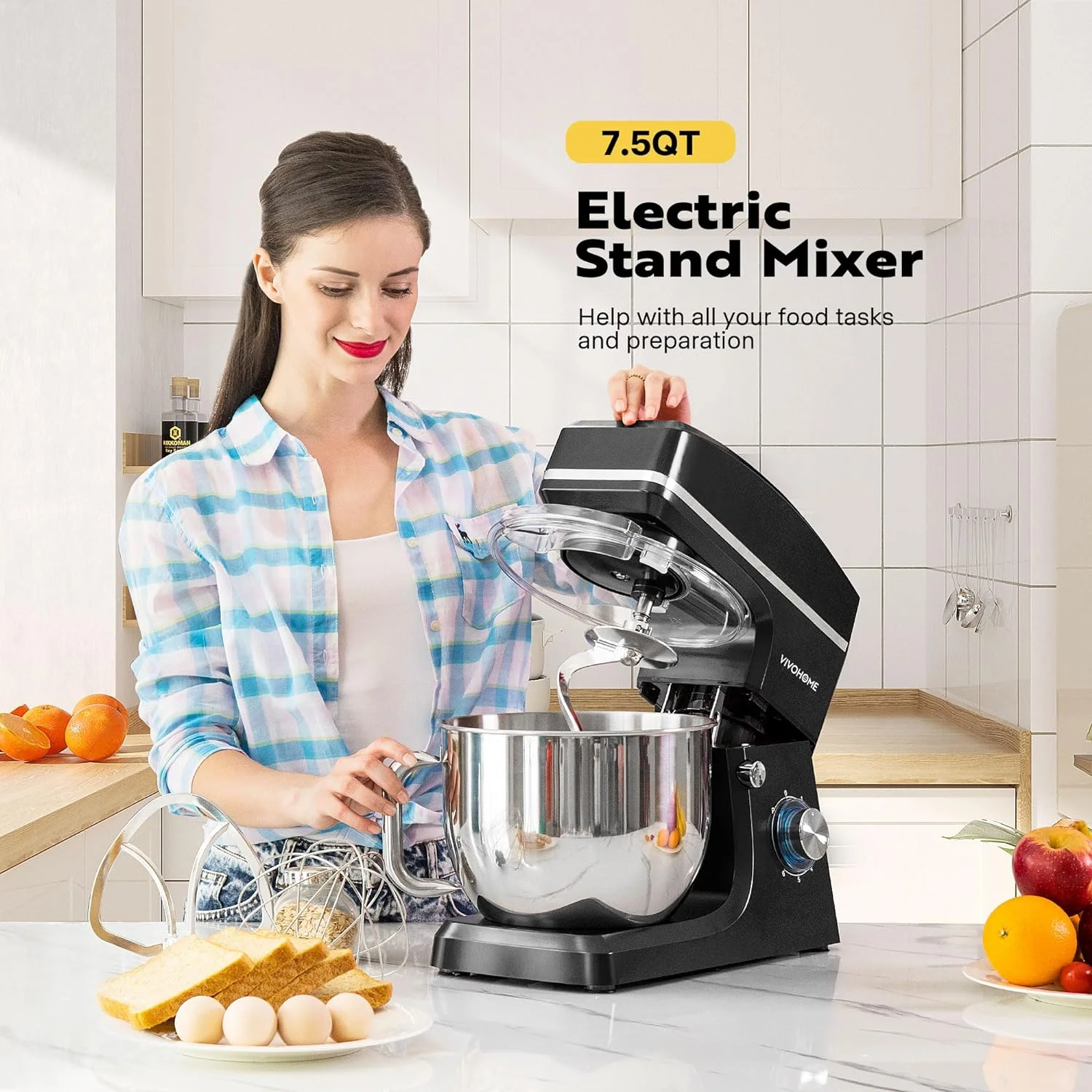 SPECSTAR 7.5 Quart Stand Mixer, 660W 6-Speed Tilt-Head Kitchen Electric Food Mixer with Beater, Dough Hook, Wire Whip, and Egg Separator, Black - Levo Sportswear
