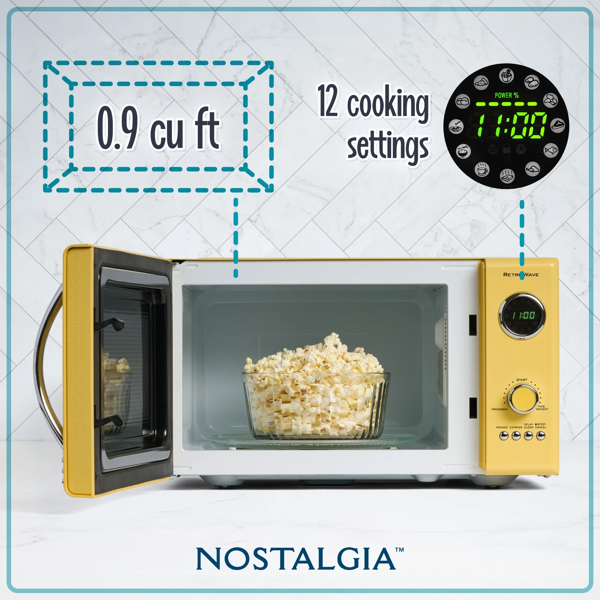 Nostalgia Retro Microwave - Countertop Microwave Oven - Includes 12 Pre-Programmed Settings and Digital Clock - 0.9 CU Ft. - 800 Watts - Yellow - Levo Sportswear