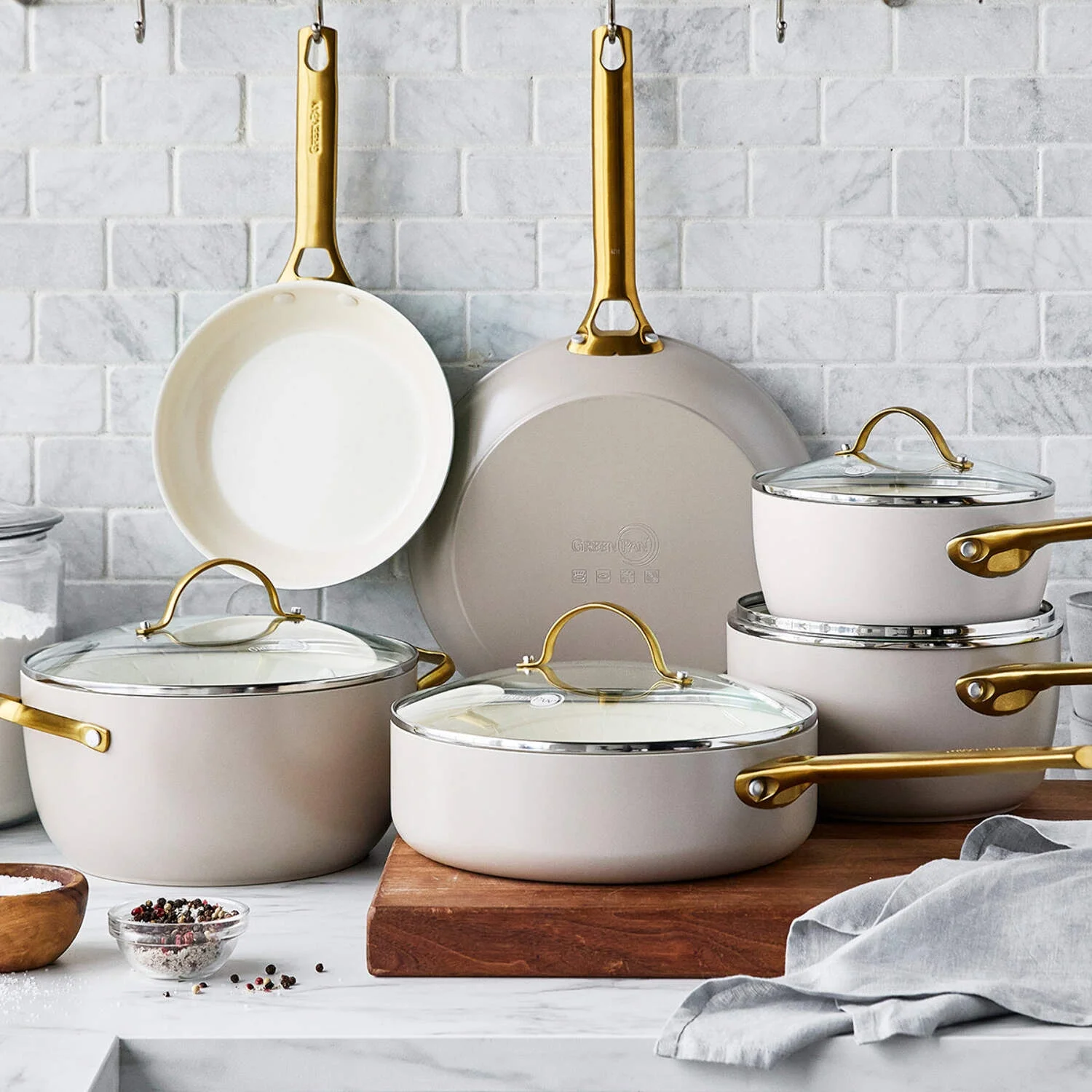 GreenPan Reserve Ceramic Nonstick 10-Piece Cookware Set | Taupe with Gold-Tone Handles - Levo Sportswear