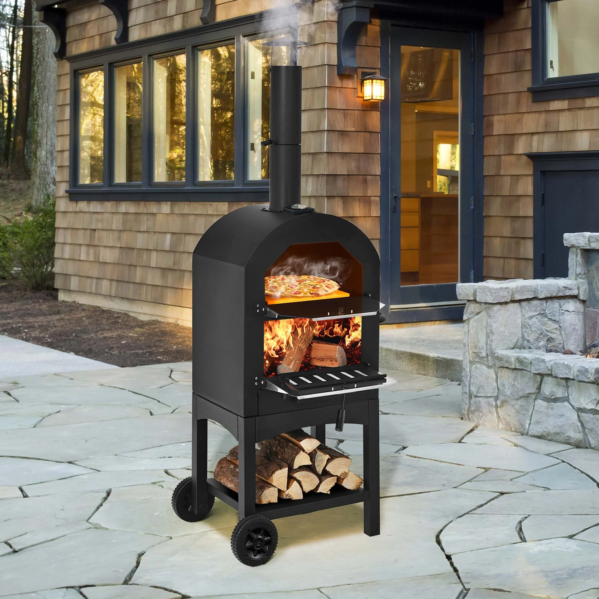 Costway Outdoor Pizza Oven Wood Fire Pizza Maker Grill w/ Pizza Stone & Waterproof Cover - Levo Sportswear