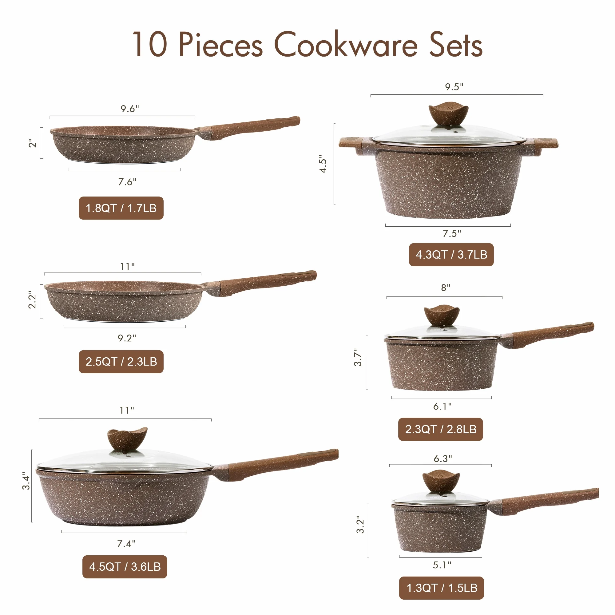 Carote Nonstick Granite Cookware Sets, 10 Pcs Brown Pots and Pans, Induction Kitchen Cooking Set - Levo Sportswear