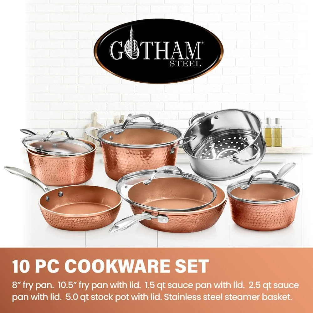 Hammered Copper 10-Piece Aluminum Non-Stick Cookware Set with Glass Lids - Levo Sportswear