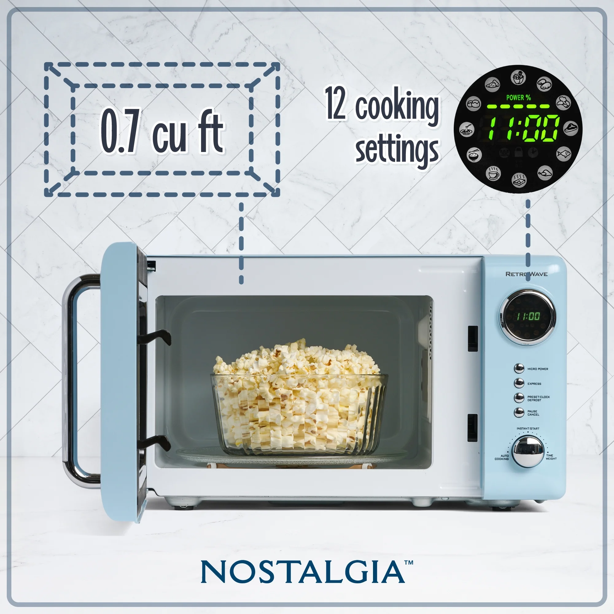 Nostalgia Retro Compact Countertop Microwave Oven, 0.7 Cu. Ft. 700-Watts with LED Digital Display, Child Lock, Easy Clean Interior, Blue - Levo Sportswear