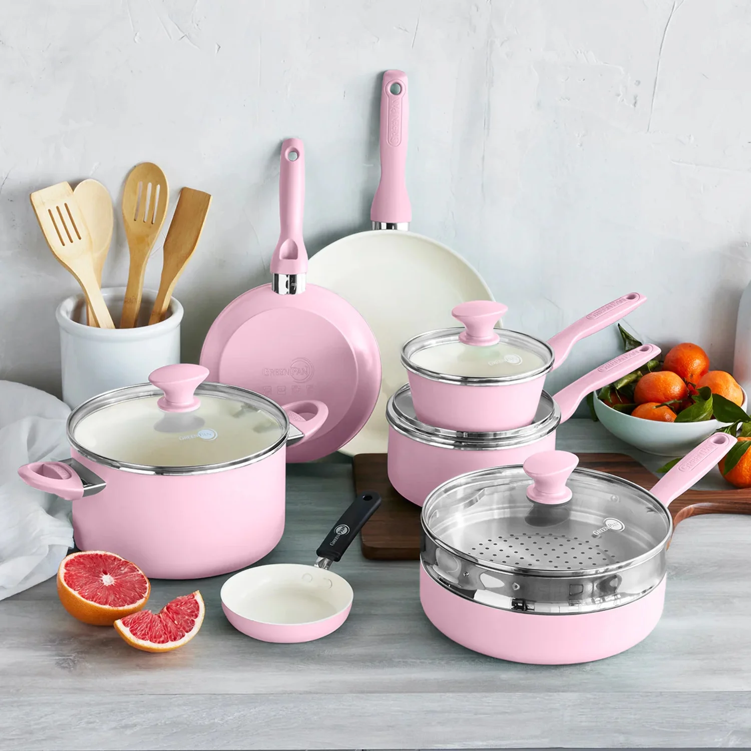 GreenPan Rio Ceramic Nonstick 16-Piece Cookware Set - Pink - Levo Sportswear