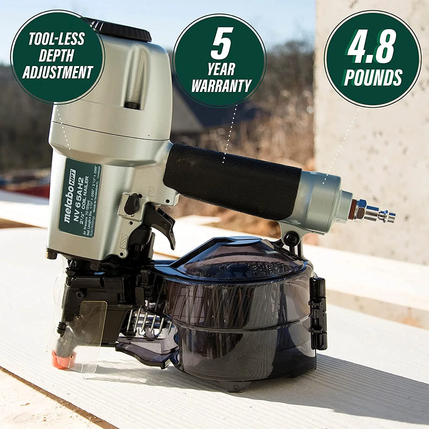 Metabo HPT Coil Siding Nailer, 1-1/2 inch to 2-1/2 inch Siding Nails, Side load, Tilt Bottom Magazine NV65AH2 - Levo Sportswear
