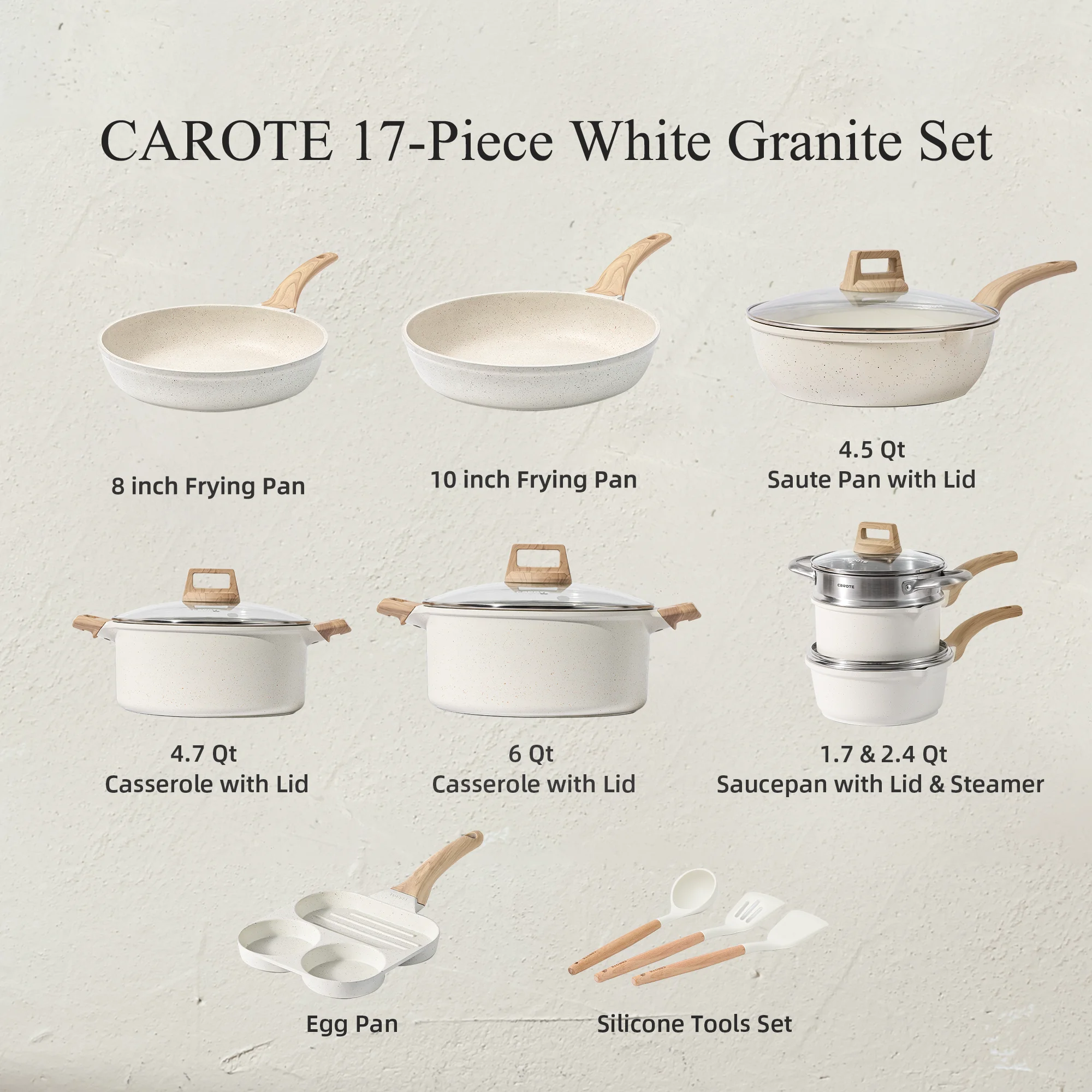Carote Nonstick Pots and Pans Set, 17 Pcs Granite Kitchen Cookware Sets - Levo Sportswear