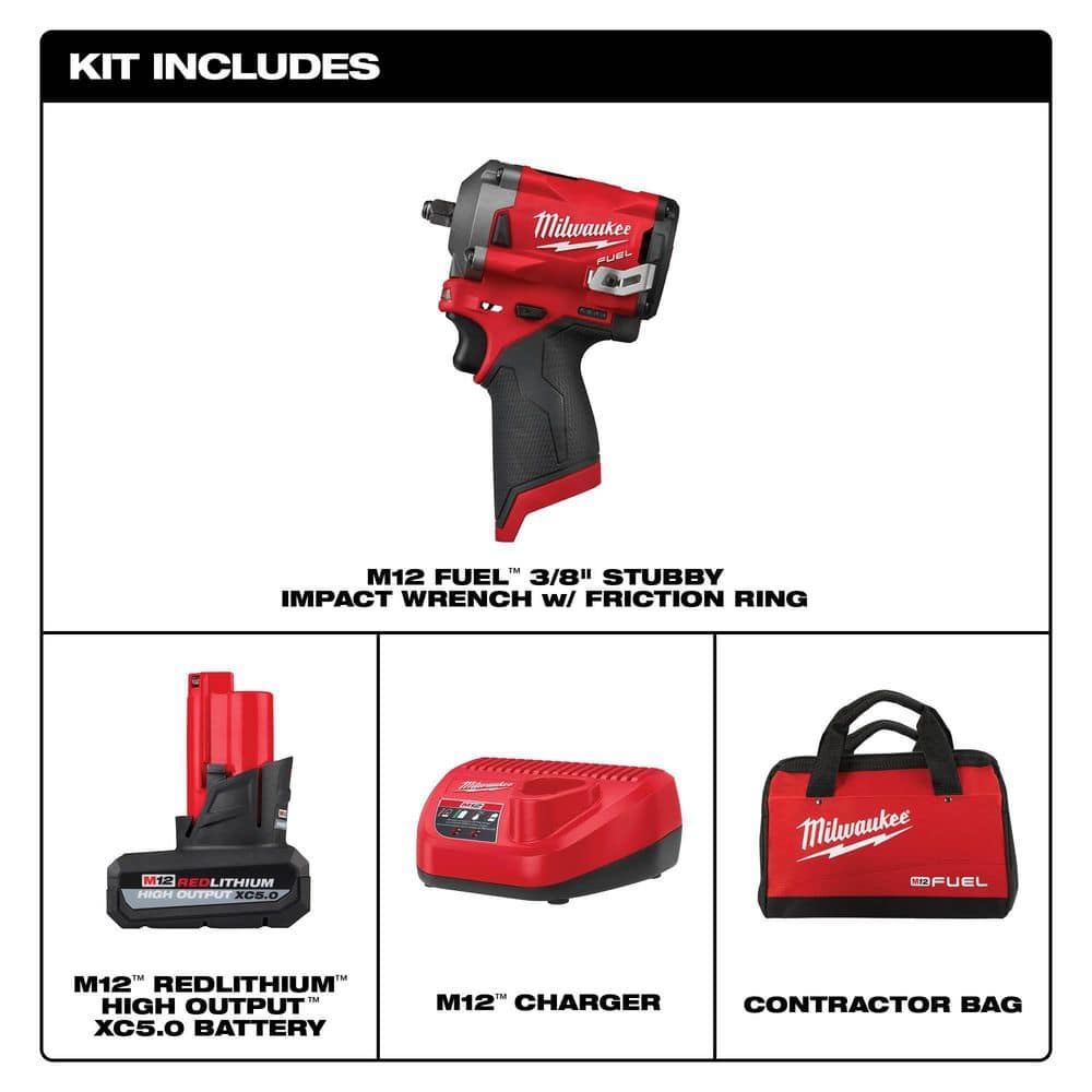 M12 FUEL 12-Volt Lithium-Ion Brushless Cordless Stubby 3/8 in. Impact Wrench Kit with (1) High Output 5.0 Ah Battery 2554-21HO - Levo Sportswear