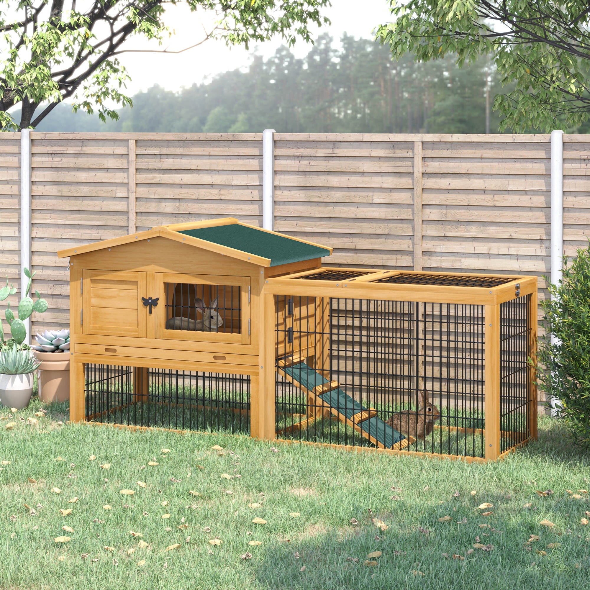 Pawhut Solid Wood Rabbit Hutch with 2 House Levels and Patio Space, Easy Clean - Levo Sportswear