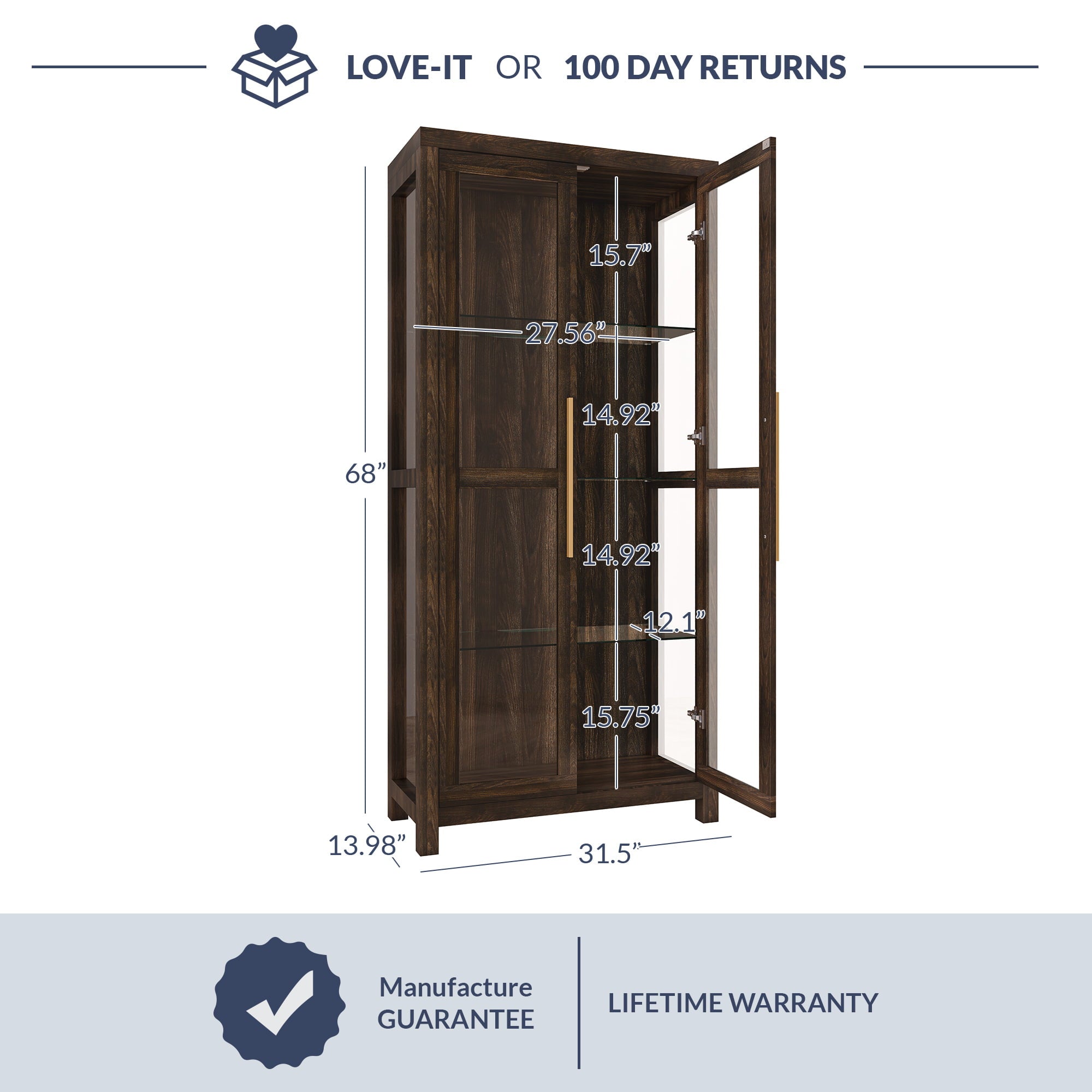 Belleze Avalon Tall Display Cabinet with Tempered Glass Doors, Dark Walnut - Levo Sportswear