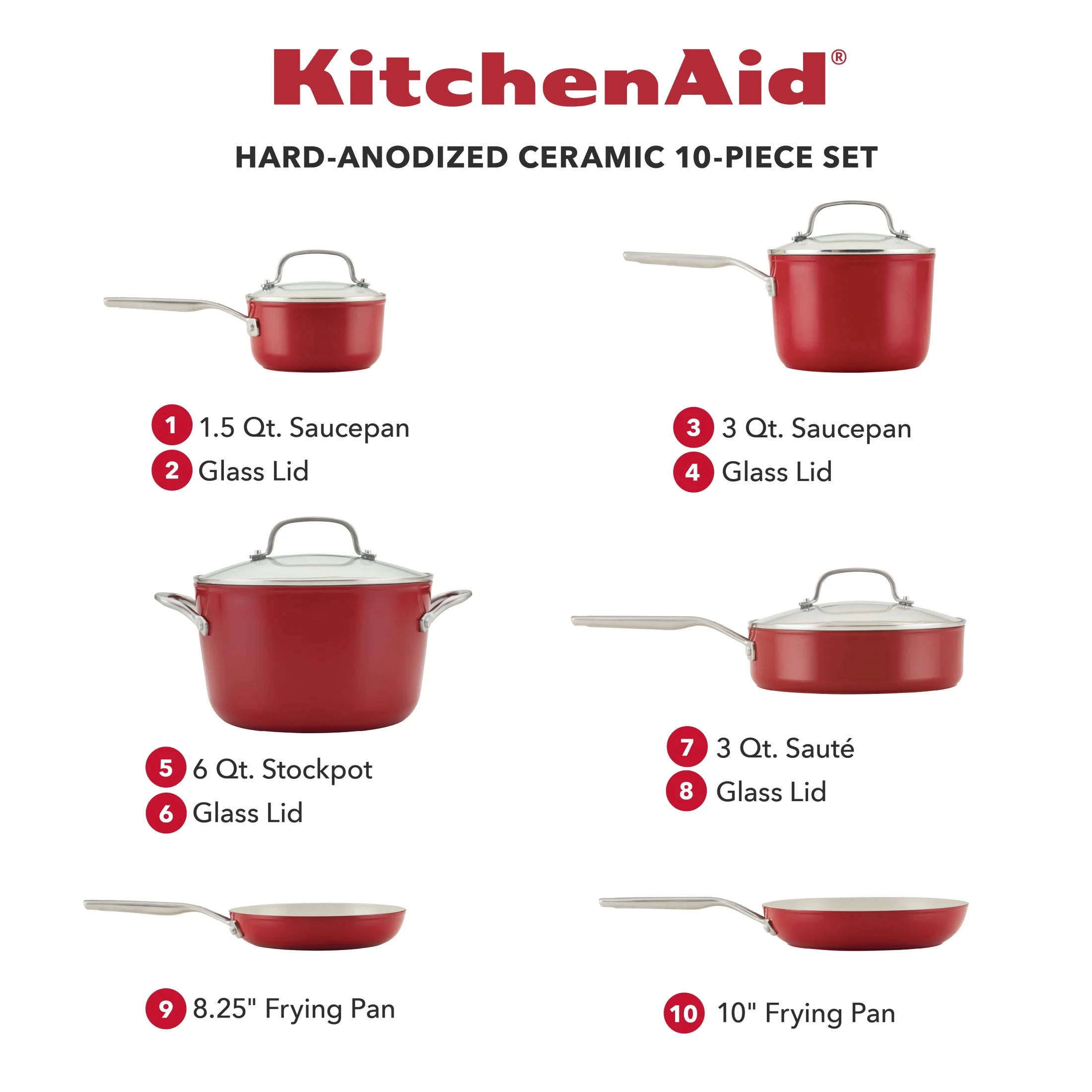 KitchenAid Hard Anodized Ceramic 10 Piece Nonstick Cookware Pots and Pans Set, Empire Red - Levo Sportswear