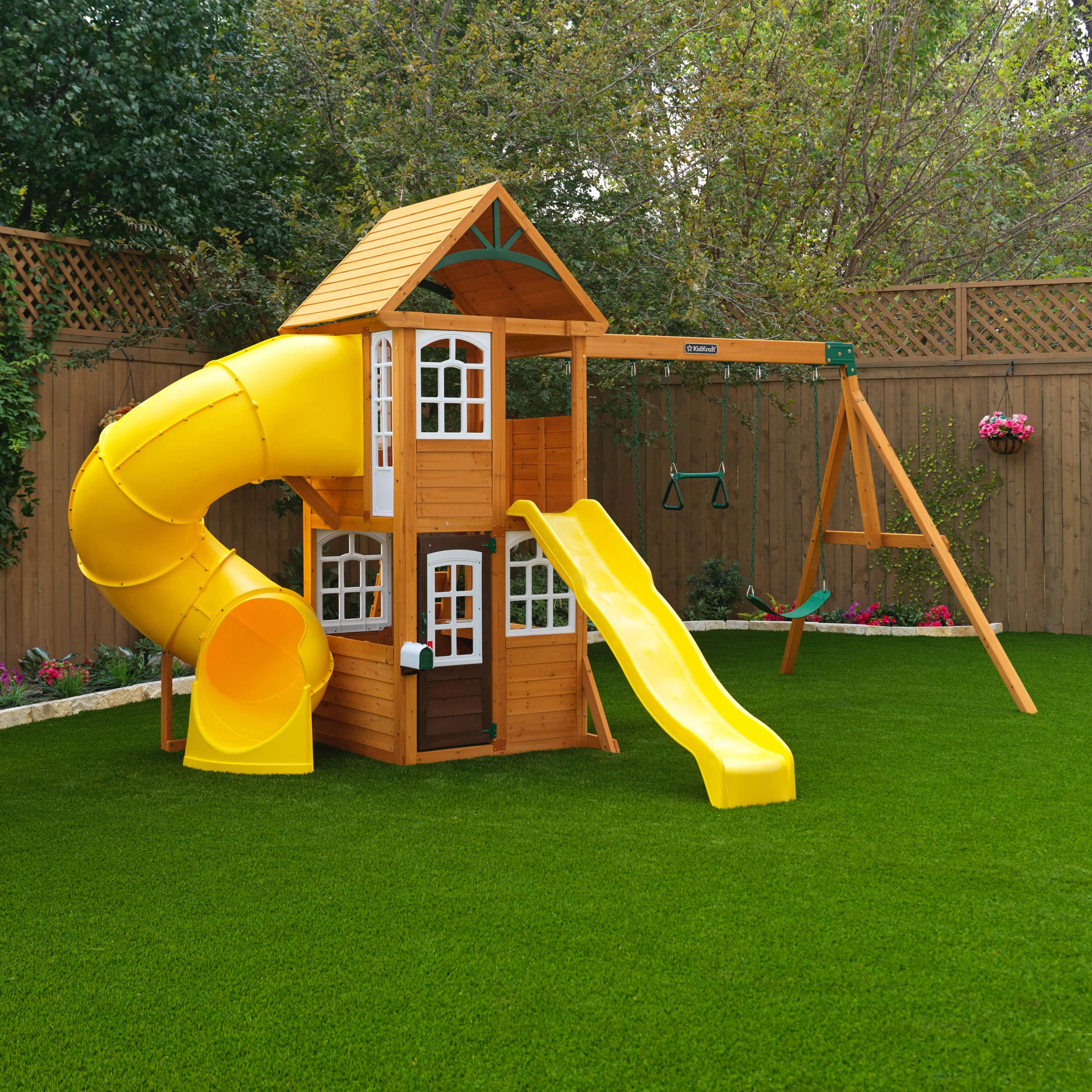 KidKraft Castlewood Wooden Swing Set / Playset with Clubhouse, Mailbox, Slide and Play Kitchen - Levo Sportswear