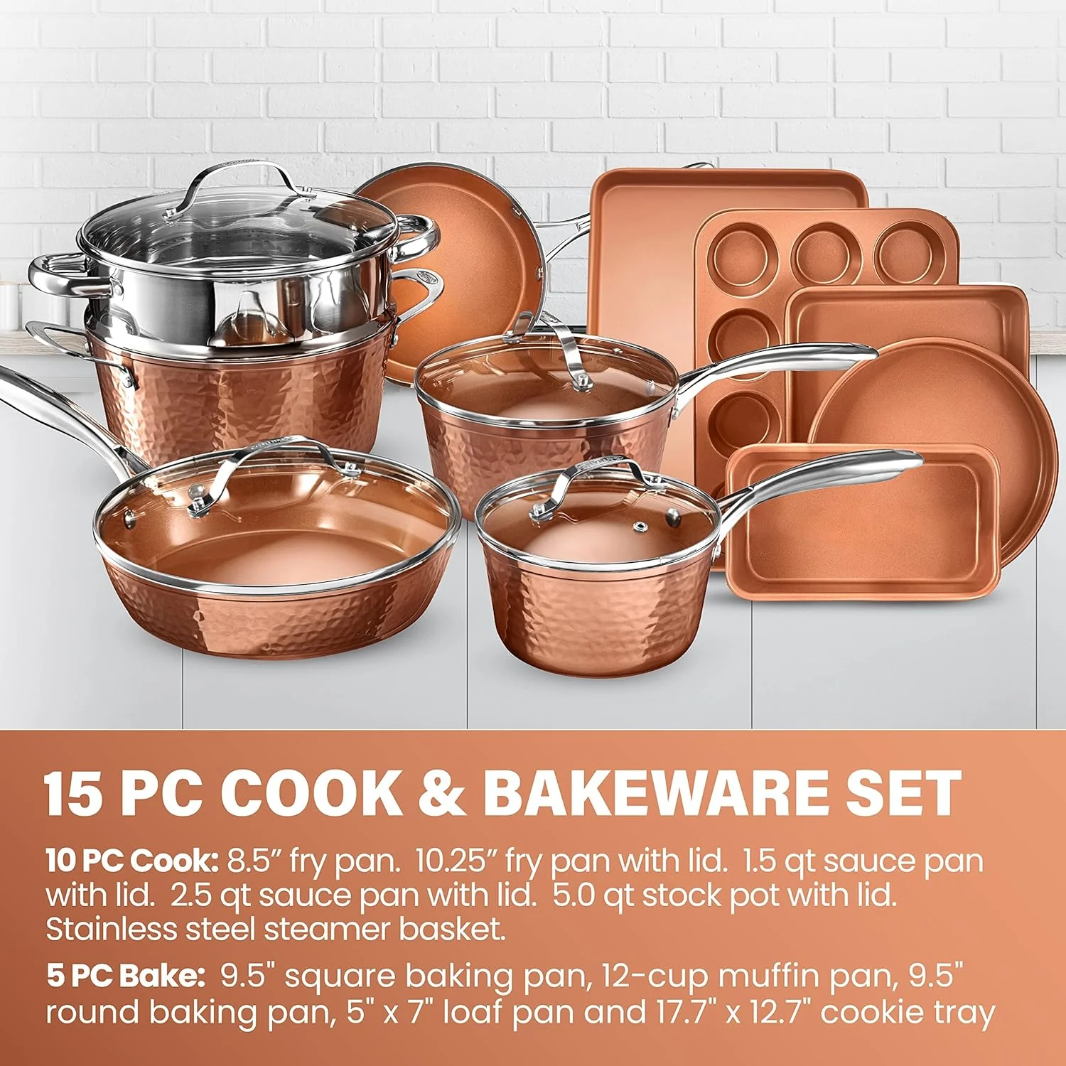 Gotham Steel Nonstick Pots and Pans 15 Pcs Kitchen Ceramic Cookware Set Bakeware Cooking Frying Skillet Sauce Pan Hammered - Levo Sportswear