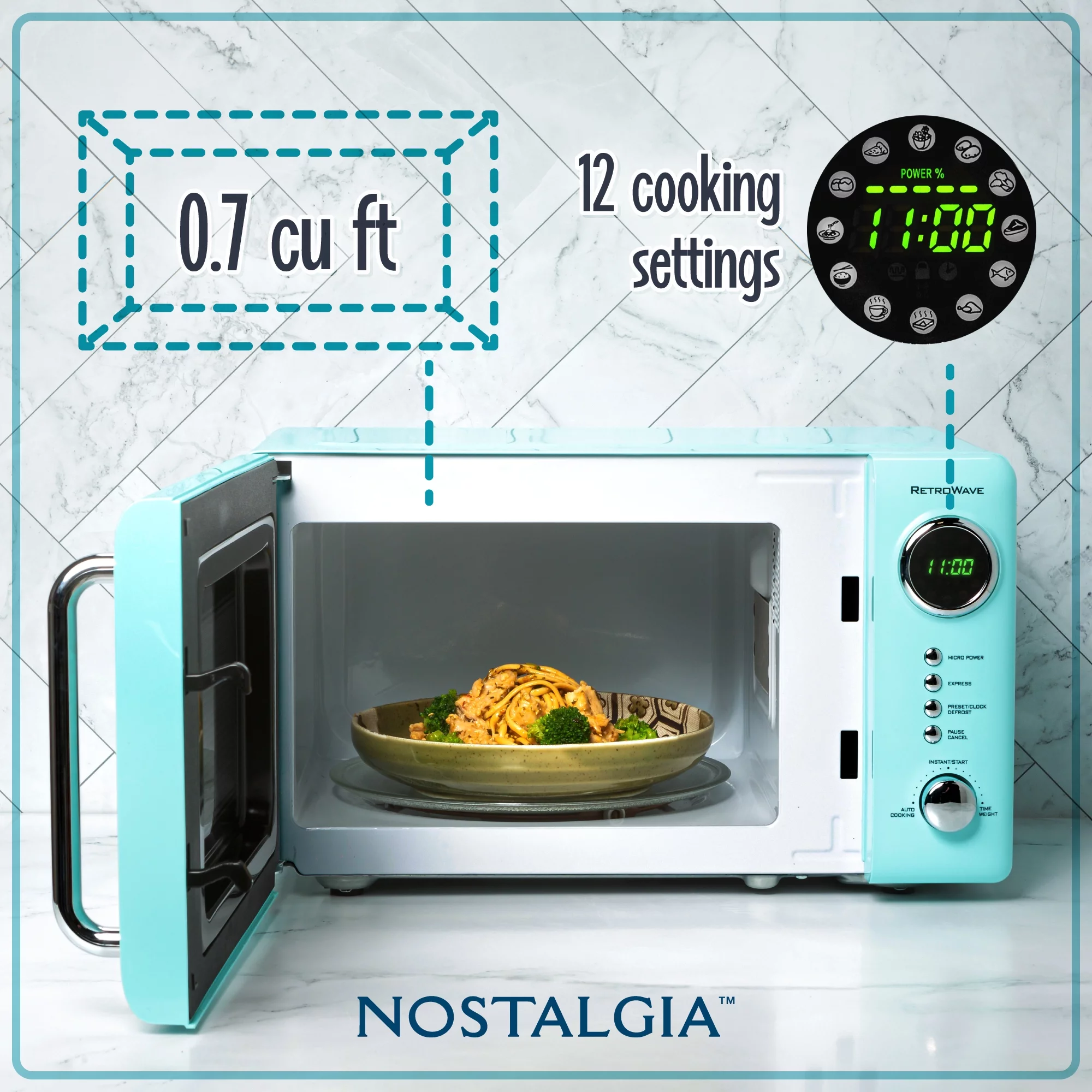 Nostalgia Retro Compact Countertop Microwave Oven, 0.7 Cu. Ft. 700-Watts with LED Digital Display, Child Lock, Easy Clean Interior, Aqua - Levo Sportswear
