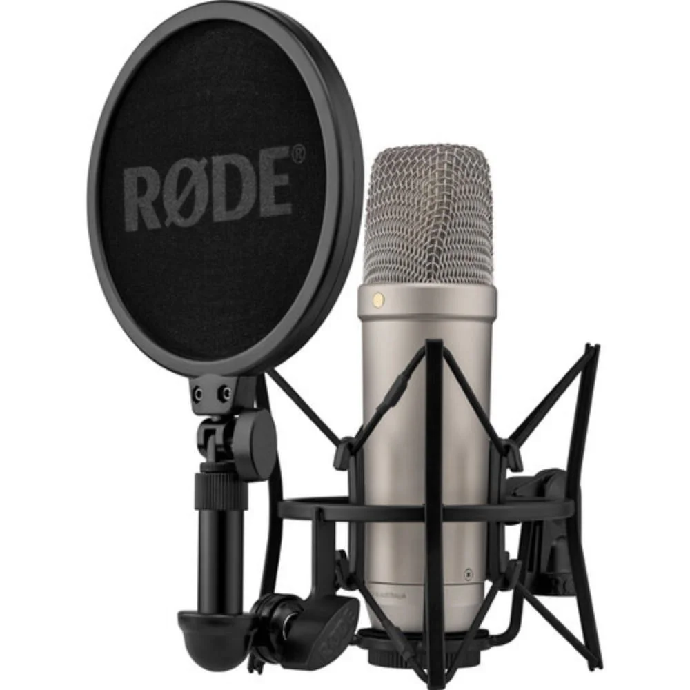 Rode NT1 (Silver)5th Generation Hybrid Studio Condenser Microphone Bundle with Mic Stand with Fixed Boom - Levo Sportswear