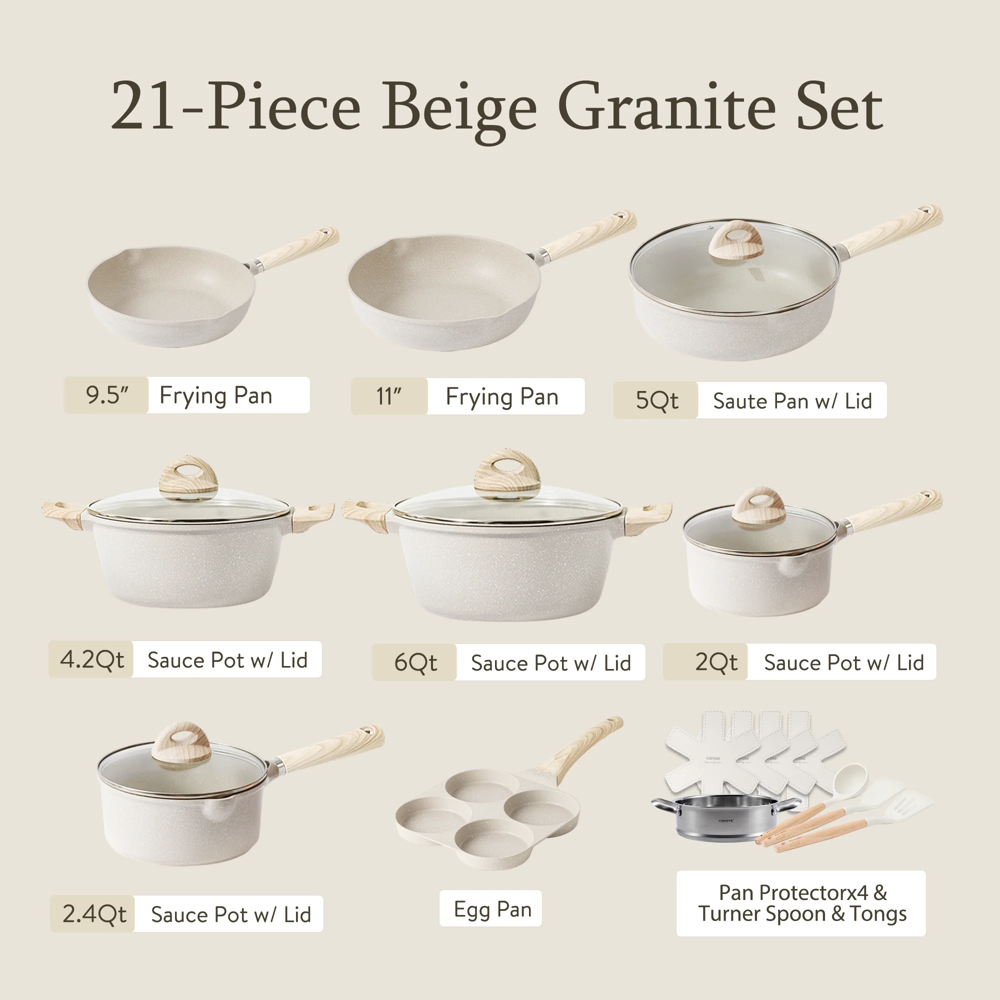 Carote Non Stick Pots and Pans Set, 21 Pcs Induction Kitchen Cookware Sets (Beige Granite) - Levo Sportswear