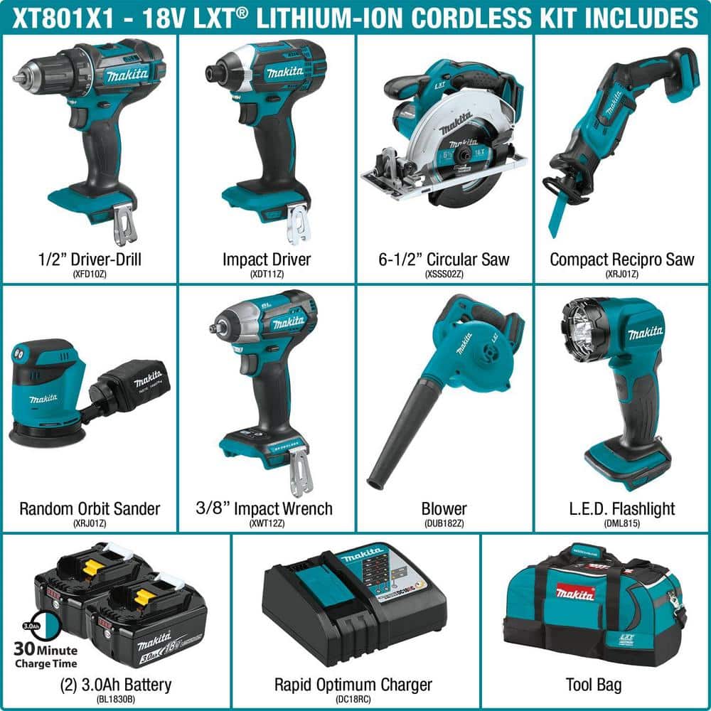 18V LXT Lithium-Ion 8-Piece Kit Drill/ Impact Drvr/ Circ Saw/ Recip Saw/ Sander/ Impact Wrench/ Blower/ Light 3. 0Ah XT801X1 - Levo Sportswear