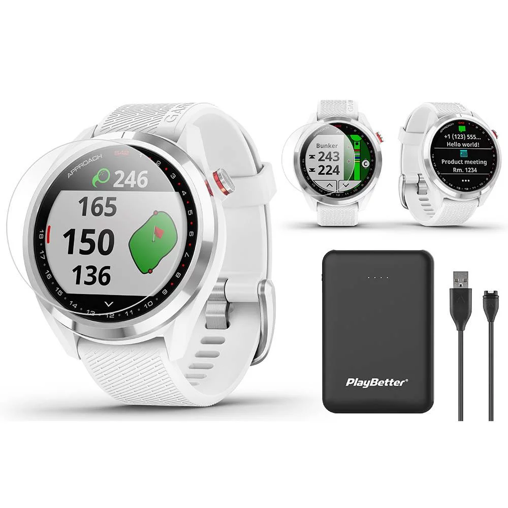 Garmin Approach S42 (White) Golf GPS Watch Power Bundle | 2021 Model | with PlayBetter Portable Charger & HD Screen Protectors - Levo Sportswear
